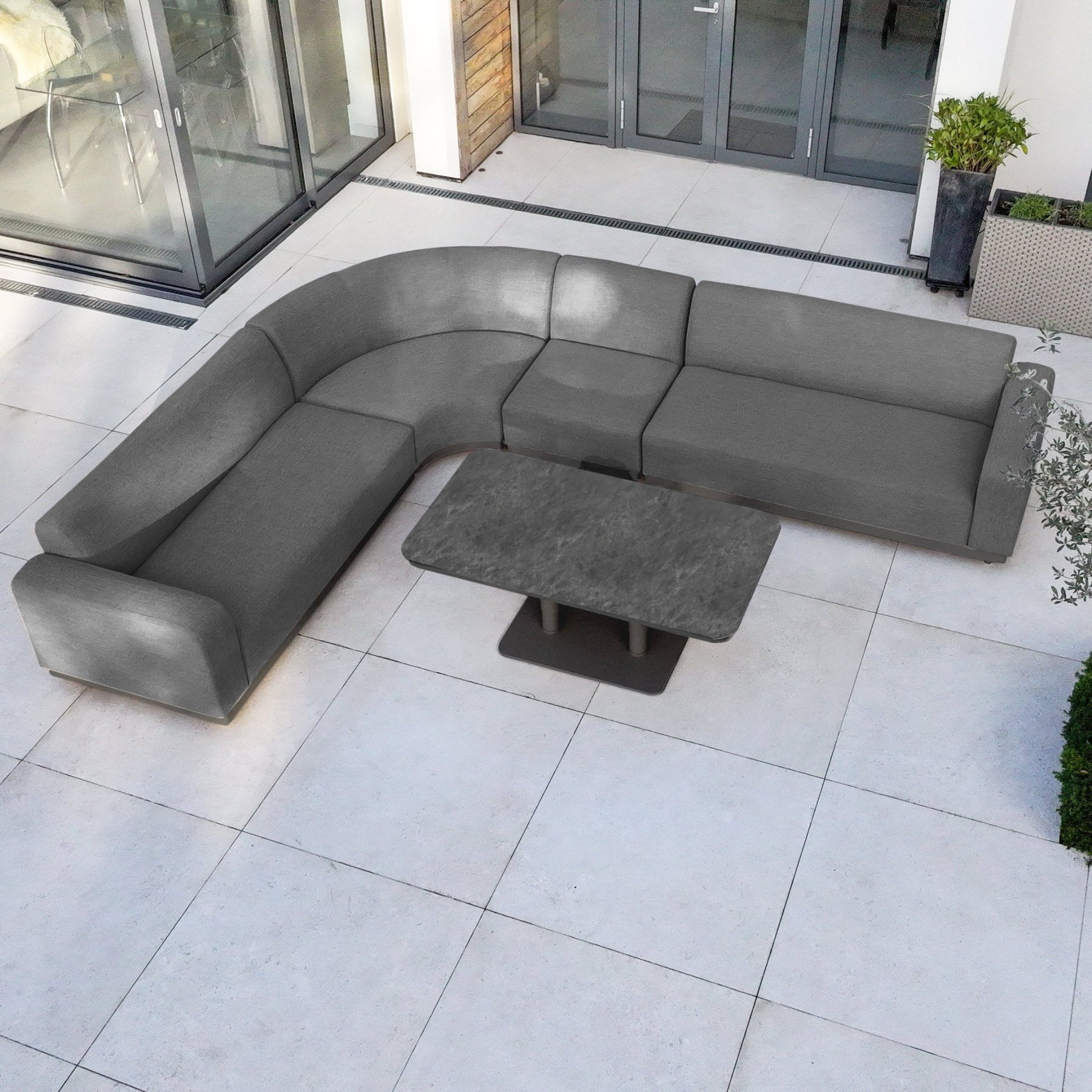 Luna Outdoor Fabric Large Curved Corner Sofa Set with Altura Rising Table in Grey