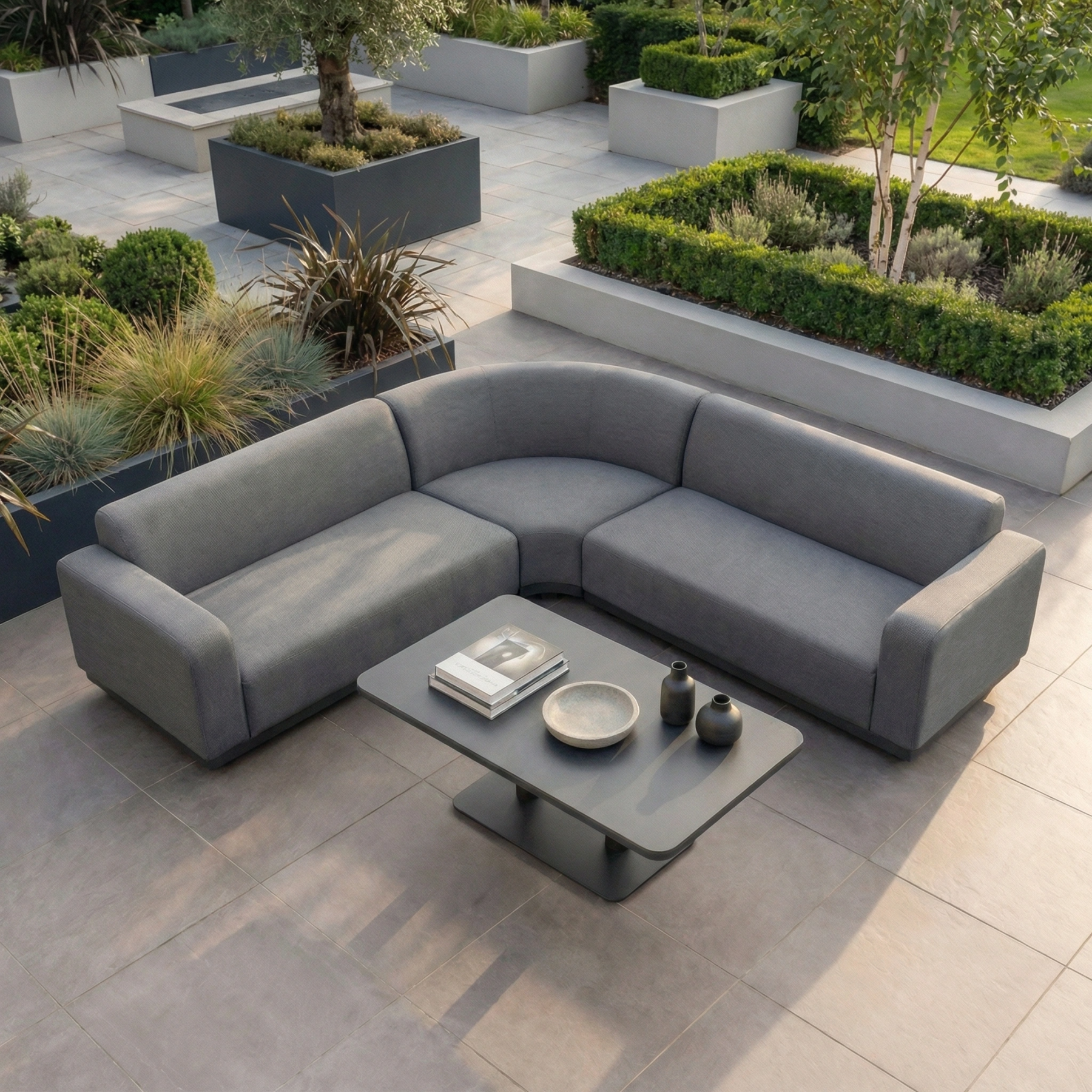 Luna Outdoor Fabric Curved Corner Sofa Set with Altura Rising Table in Grey