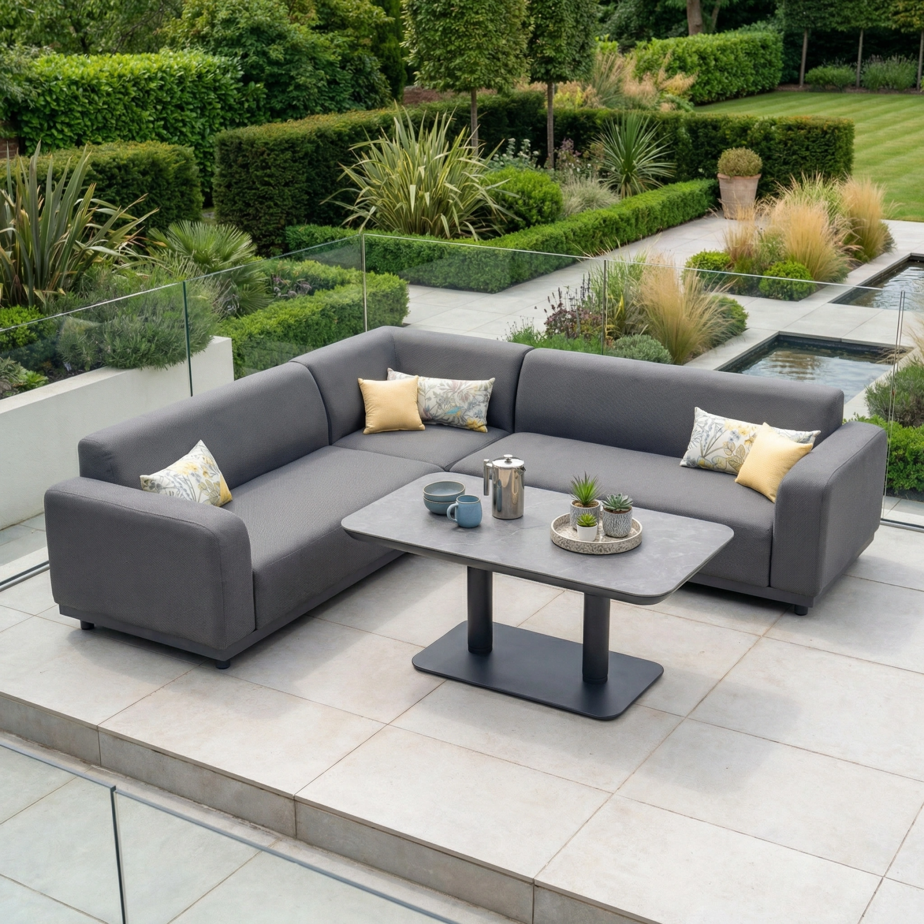 Luna Outdoor Fabric Corner Sofa Set with Altura Rising Table in Grey