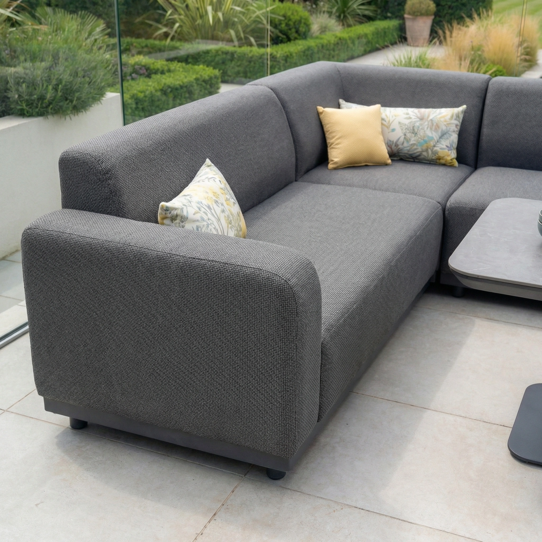 Luna Outdoor Fabric Corner Sofa Set with Altura Rising Table in Grey product detail