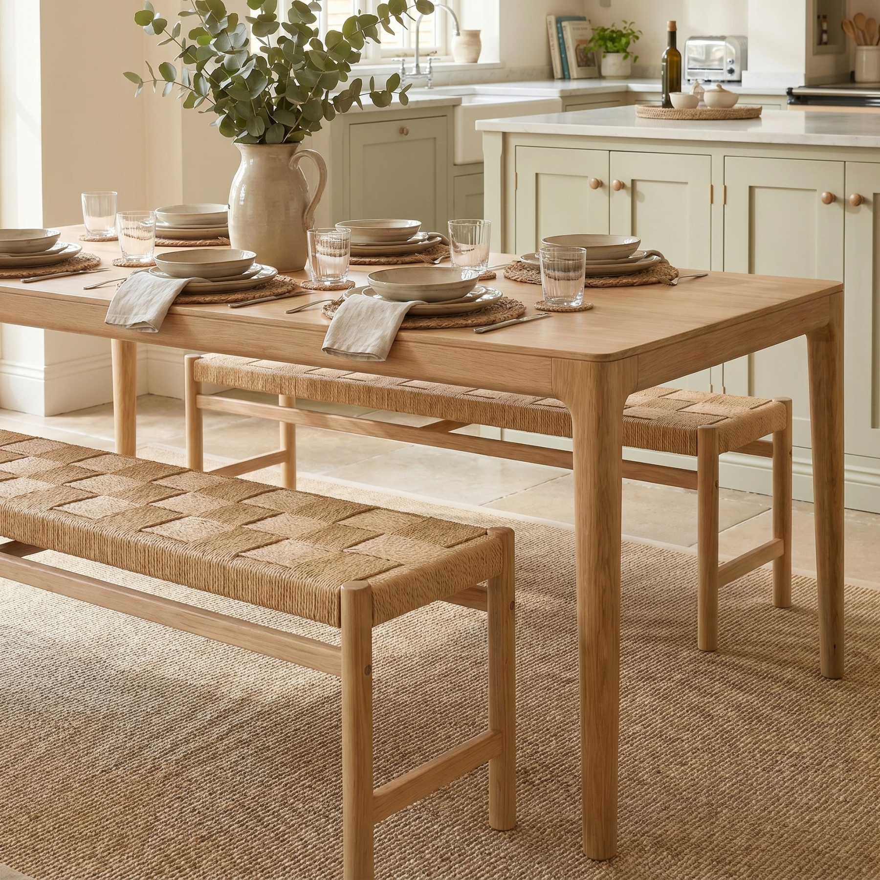 Marlow 8 Seat Dining Set with Woven Benches in Light Oak product detail