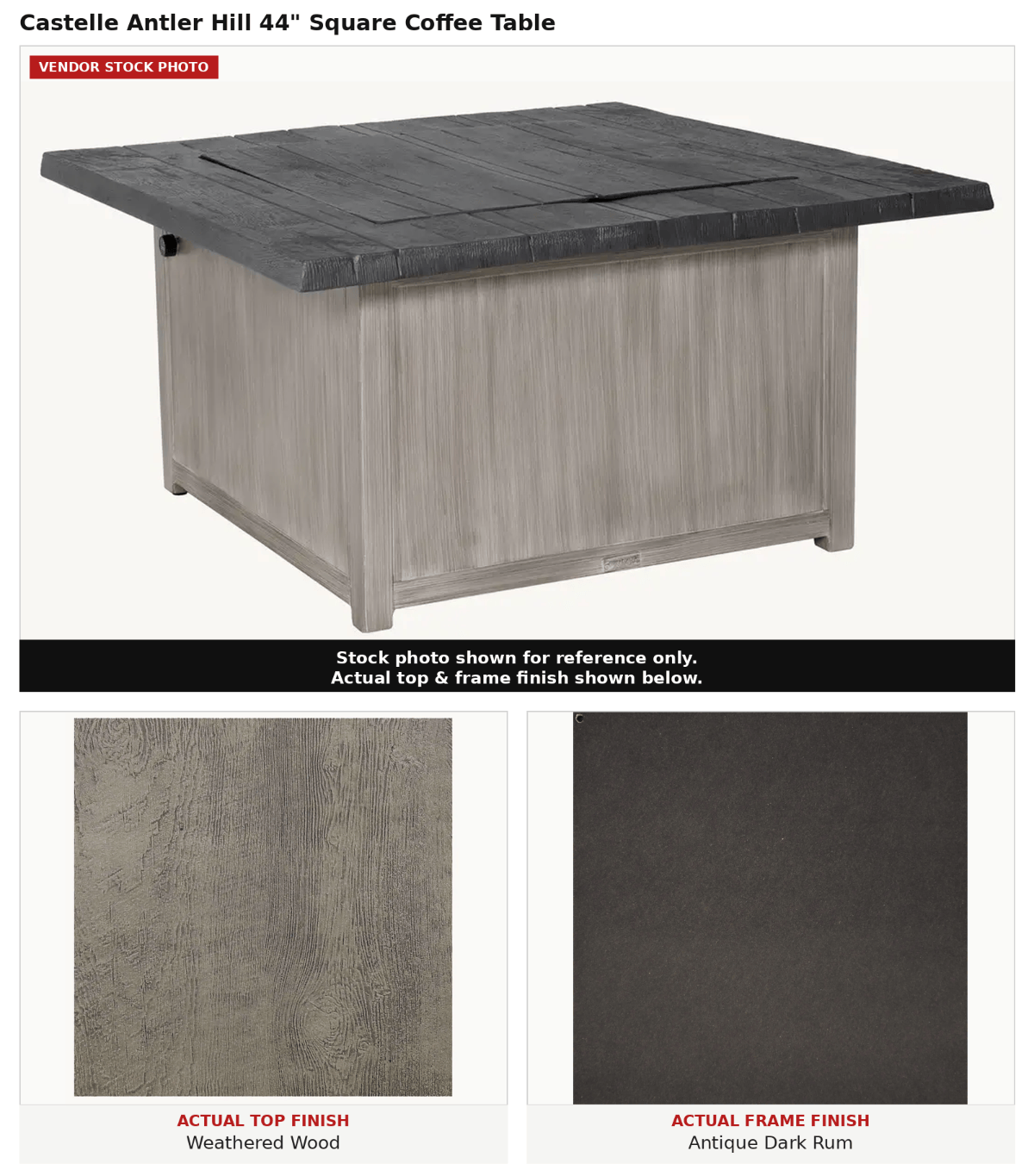 Castelle Biltmore Antler Hill 44" Square Fire Pit Coffee Table with Woodgrain Weathered Wood Top in Antique Dark Rum