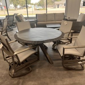 Local Special: Castelle Park Place Dining Chairs with Jasmine Finish and 54" Altra Round Dining Table with Live Edge Top and Jasmine Finish