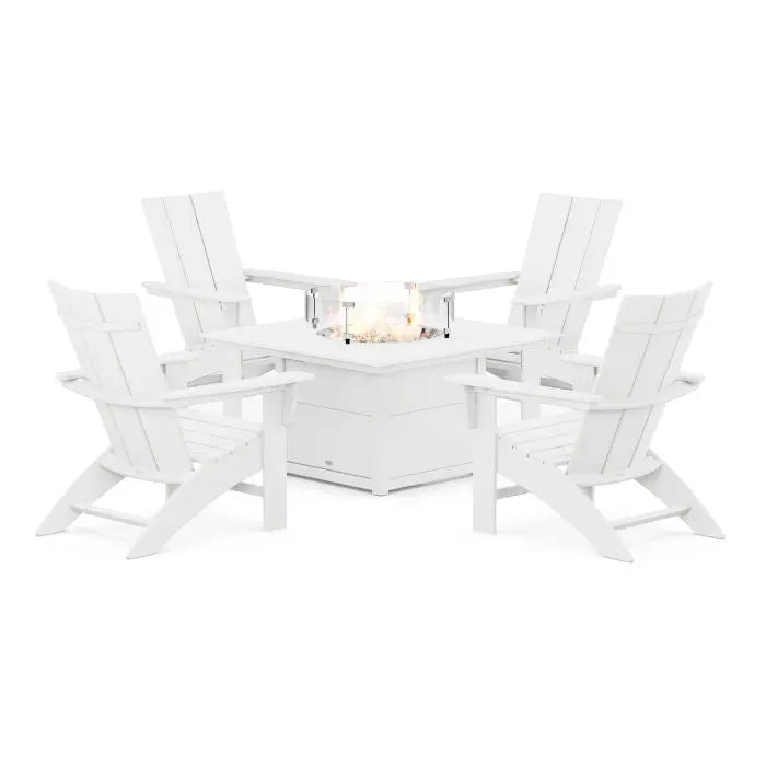POLYWOOD Modern Curveback Adirondack 5-Piece Conversation Set with Fire Pit Table