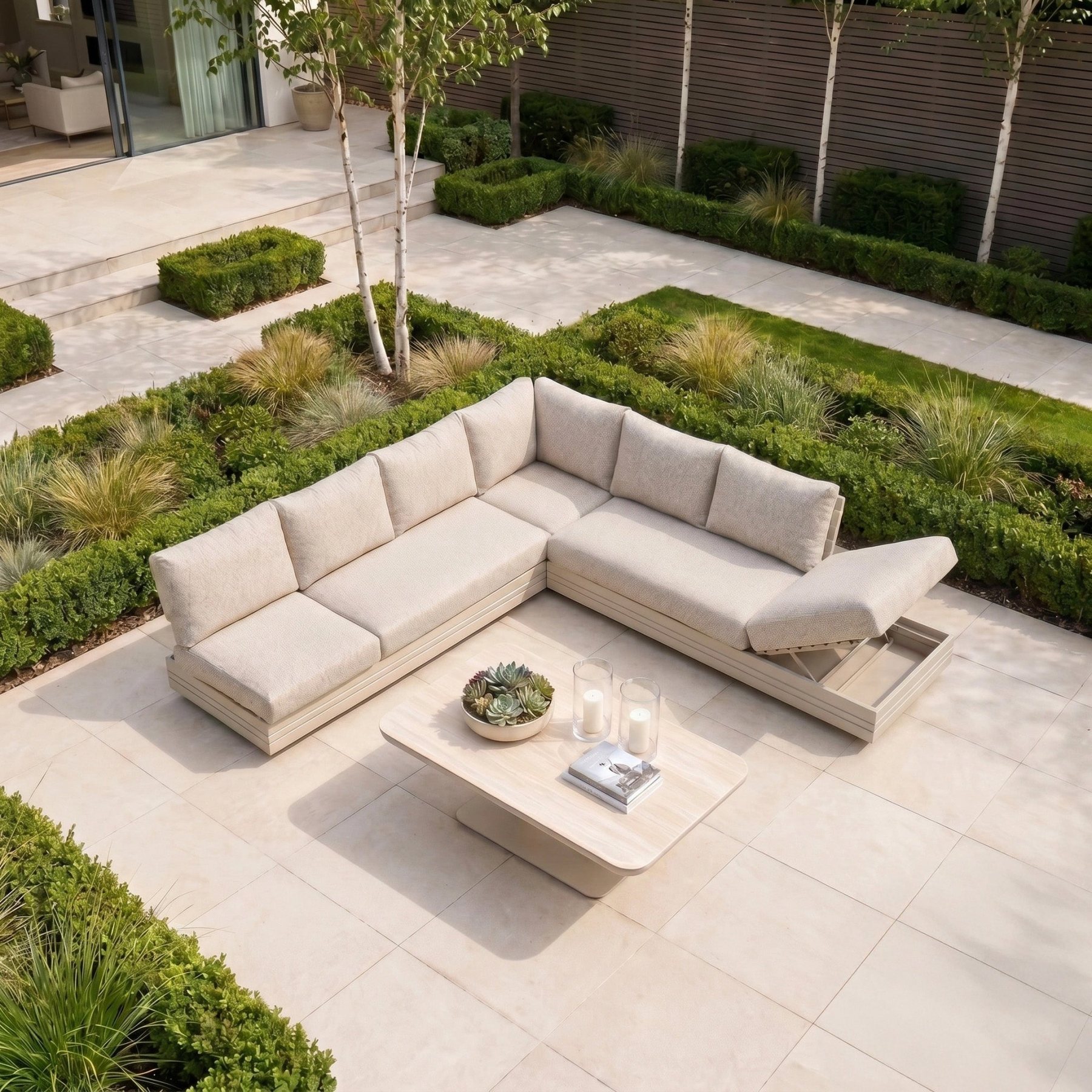 Savona Luxury Outdoor Large Corner Sofa Set with Altura Rising Table in Oatmeal